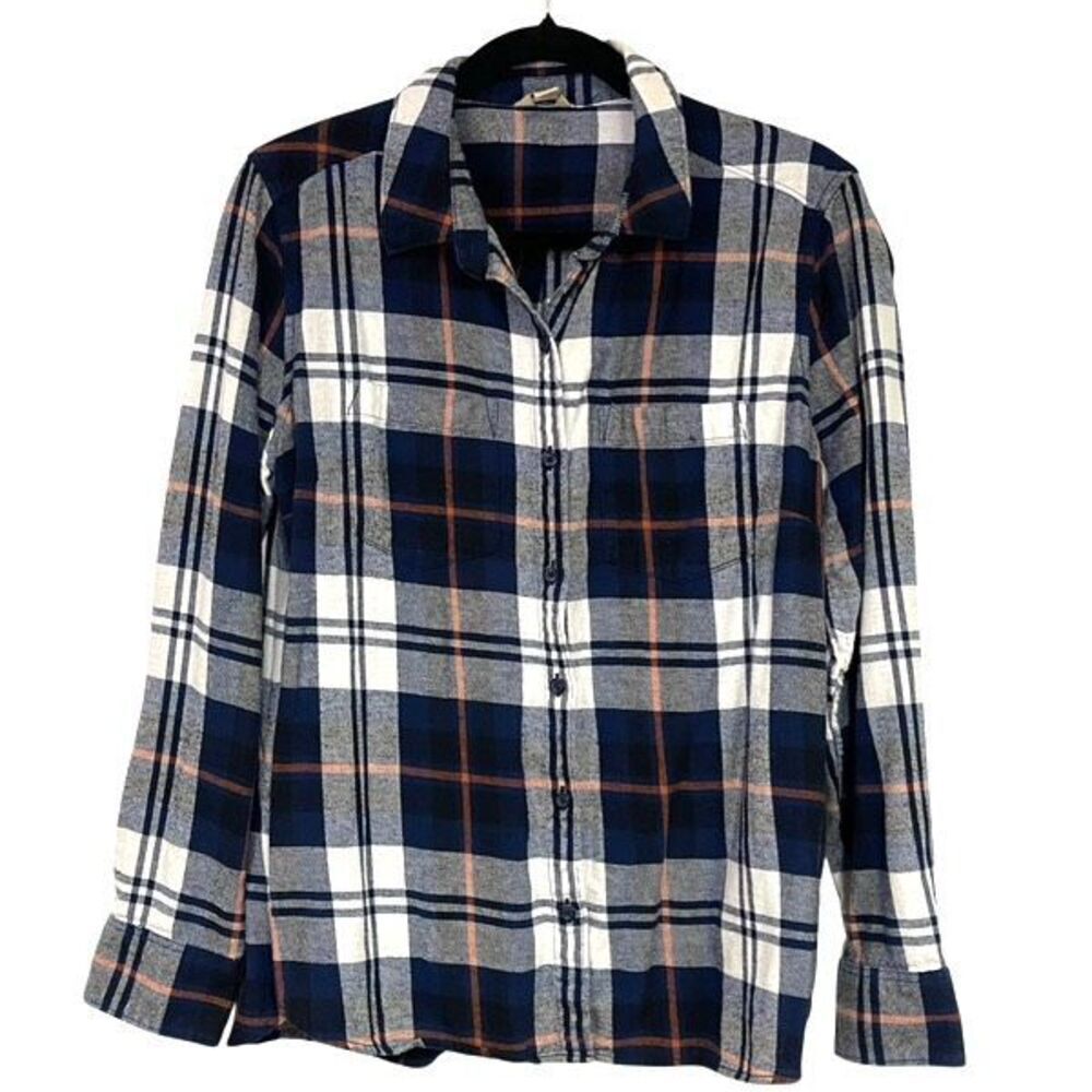 WOOLRICH Women’s Flannel Button Shirt XL Blue White Plaid Soft Long Sleeve Pocke